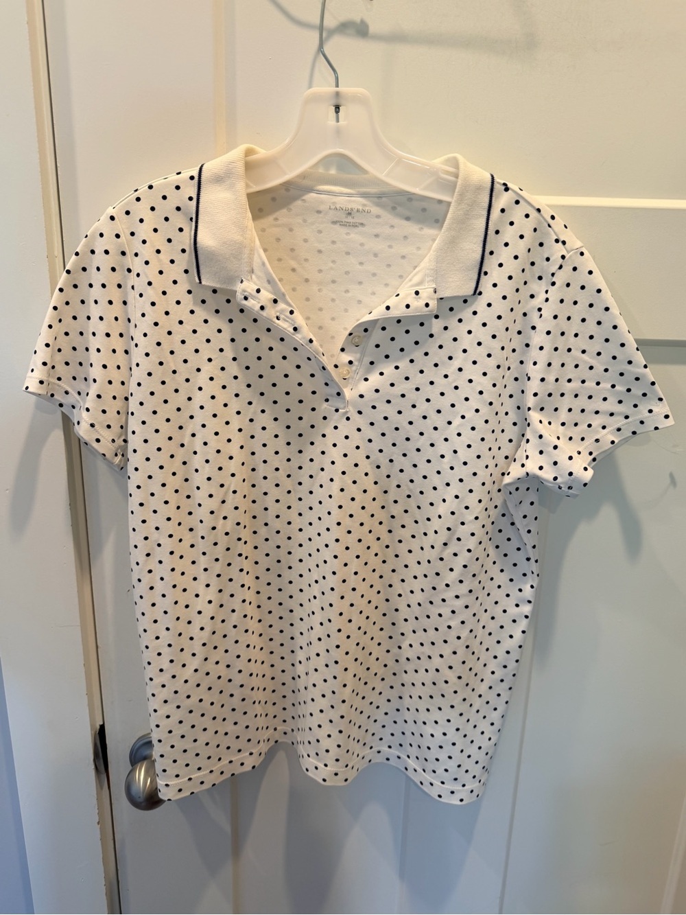 Lands’ End Medium White Navy Polka Dot Pima Cotton Polo Shirt